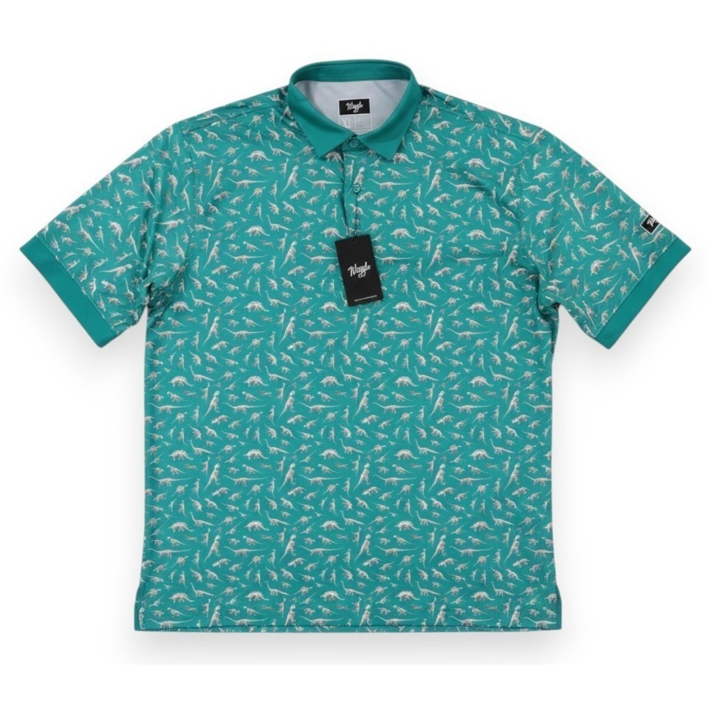 New Waggle Extinct Golf Polo Shirt Mens XL Teal Green AOP Dinosaurs Print NWD